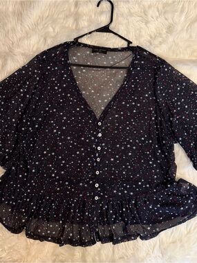 Lane Bryant Navy Star-Print V-Neck Button Peplum Blouse